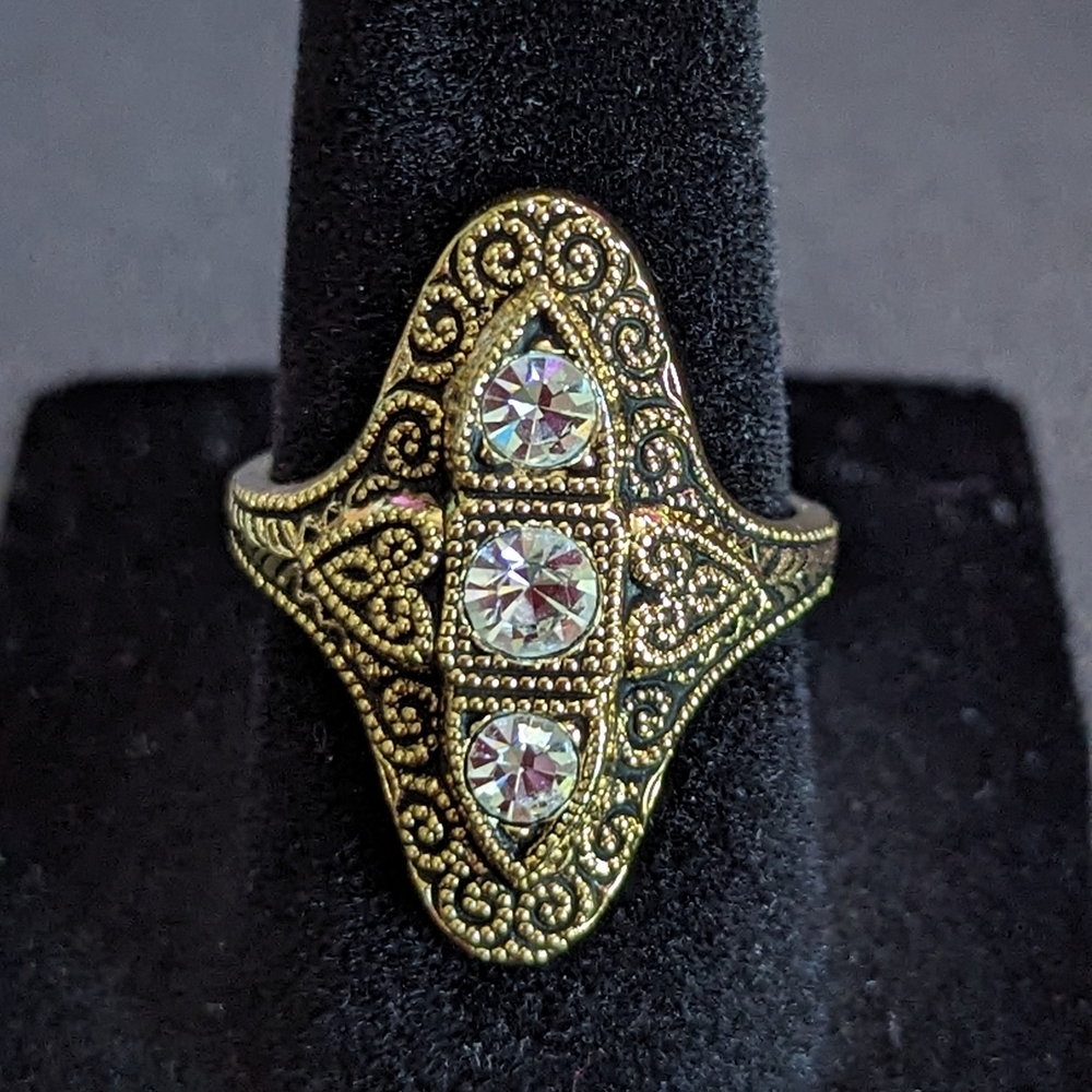 Vintage Goldtone Ornate Ring with Crystal Accents